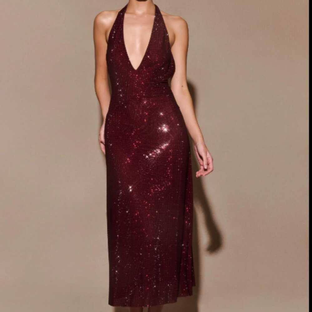 IMITATION - Meshki Genie Diamante Halter Midi Dress - Mohogany - NWT